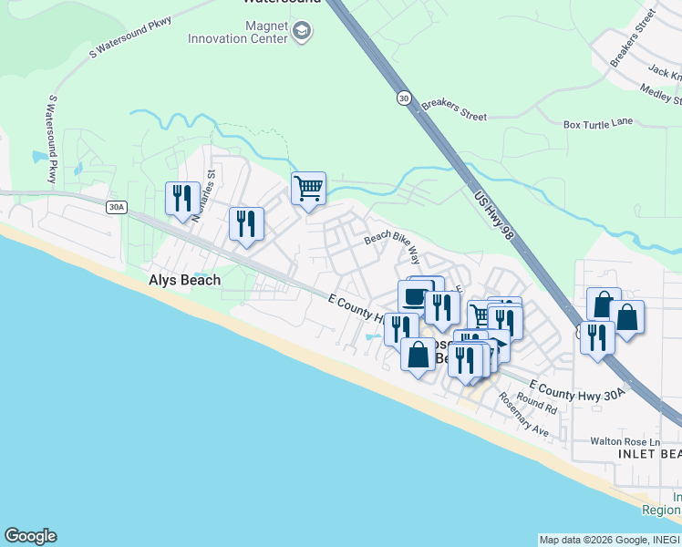map of restaurants, bars, coffee shops, grocery stores, and more near 43 Sand Flea Drive in Rosemary Beach