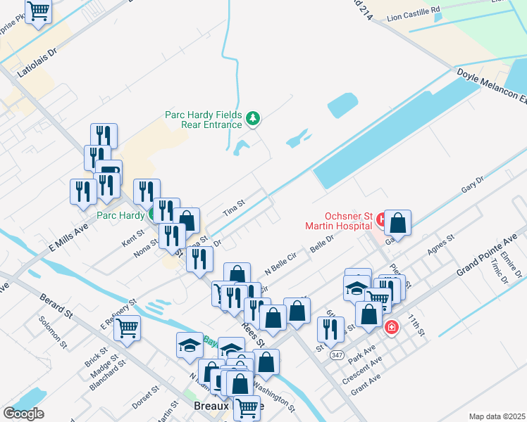map of restaurants, bars, coffee shops, grocery stores, and more near 602 Cynthia Lane in Breaux Bridge