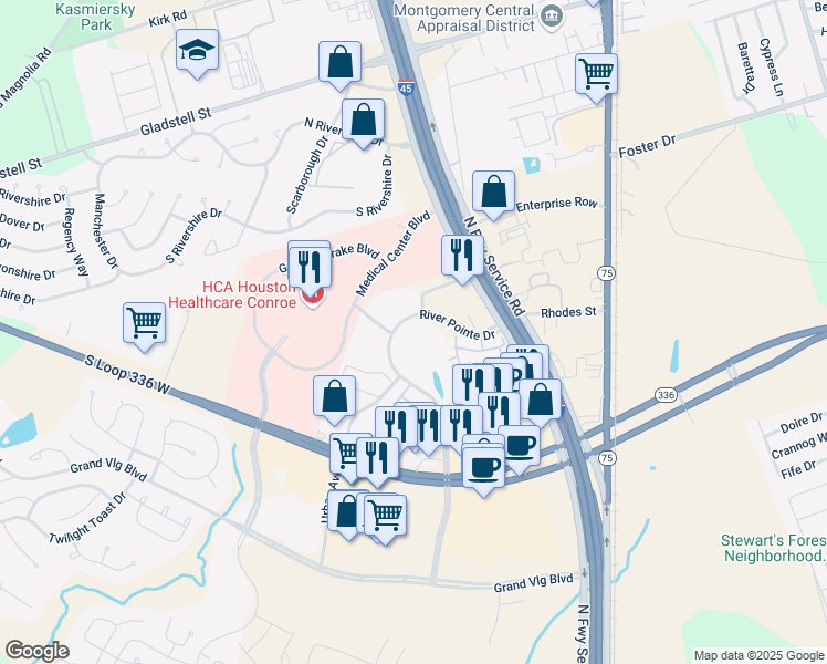 map of restaurants, bars, coffee shops, grocery stores, and more near 502 River Pointe Drive in Conroe