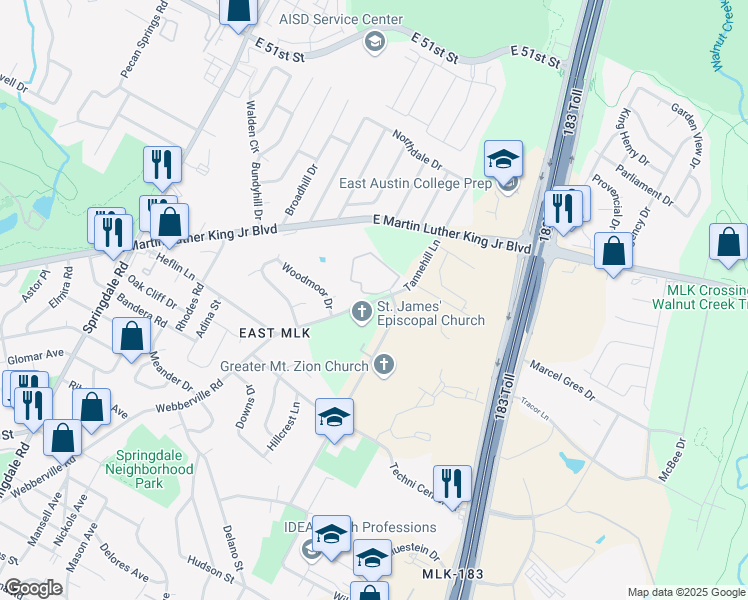map of restaurants, bars, coffee shops, grocery stores, and more near 1950 Webberville Road in Austin