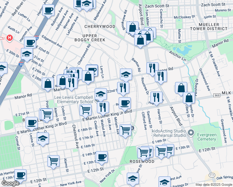 map of restaurants, bars, coffee shops, grocery stores, and more near 2805 East 22nd Street in Austin