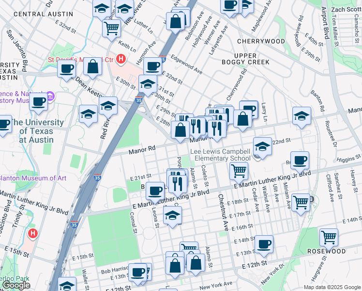 map of restaurants, bars, coffee shops, grocery stores, and more near in Austin