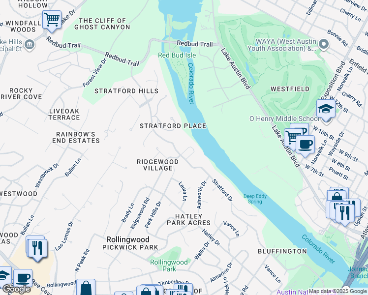 map of restaurants, bars, coffee shops, grocery stores, and more near 104 Canyon Circle West in Austin