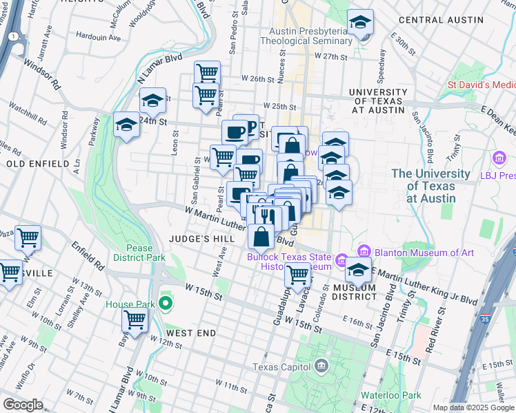 map of restaurants, bars, coffee shops, grocery stores, and more near 2020 Nueces Street in Austin