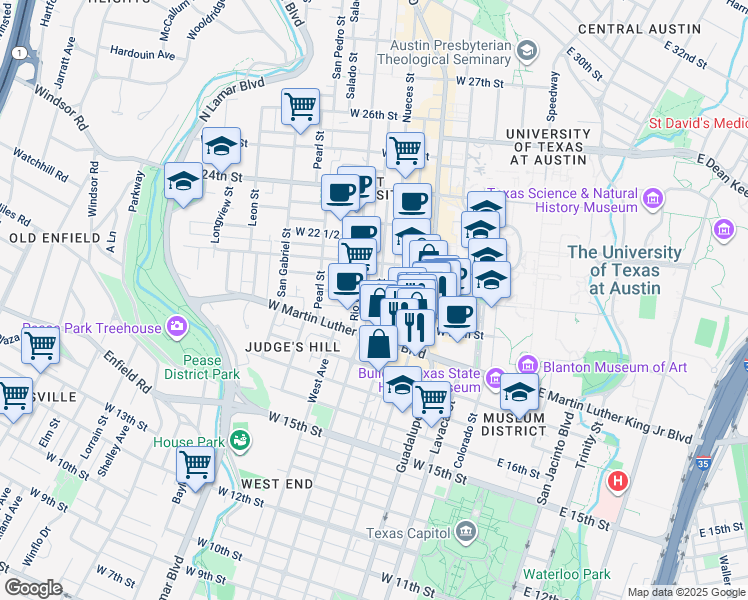 map of restaurants, bars, coffee shops, grocery stores, and more near 2020 Nueces Street in Austin