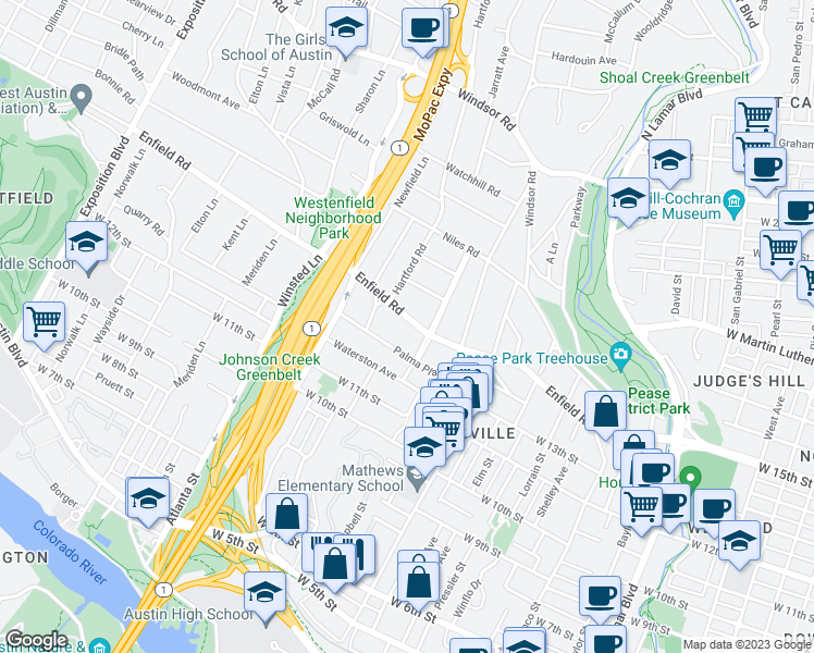 map of restaurants, bars, coffee shops, grocery stores, and more near 1709 Enfield Road in Austin
