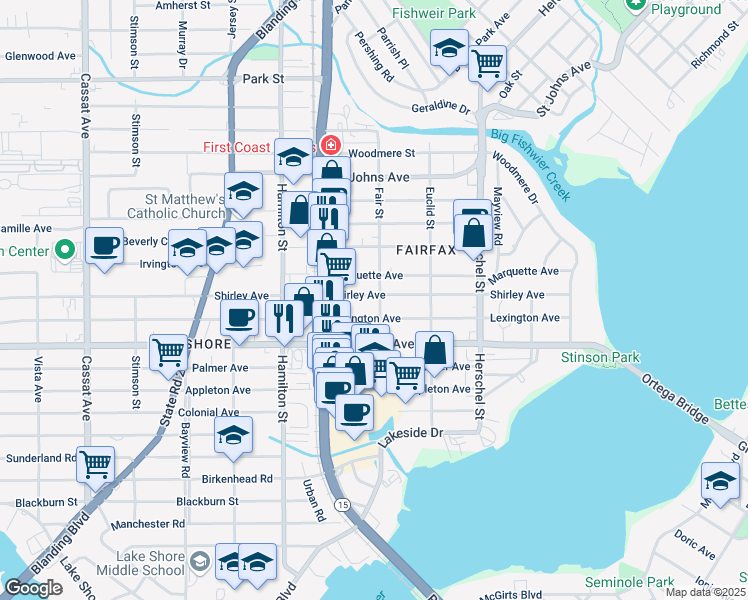 map of restaurants, bars, coffee shops, grocery stores, and more near 1906 Fair Street in Jacksonville