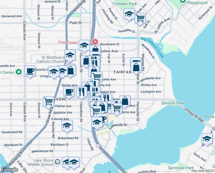 map of restaurants, bars, coffee shops, grocery stores, and more near 1906 Fair Street in Jacksonville