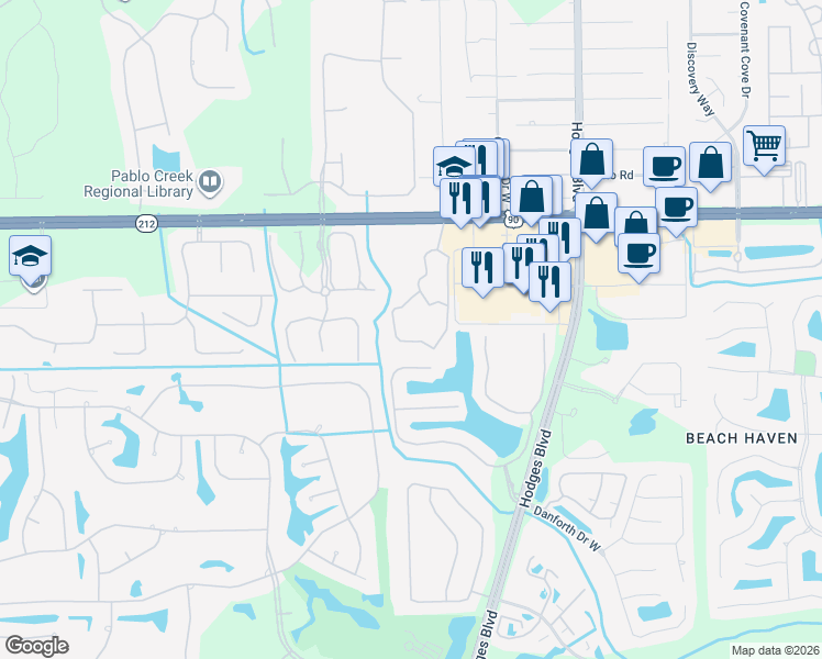 map of restaurants, bars, coffee shops, grocery stores, and more near 13364 Beach Boulevard in Jacksonville