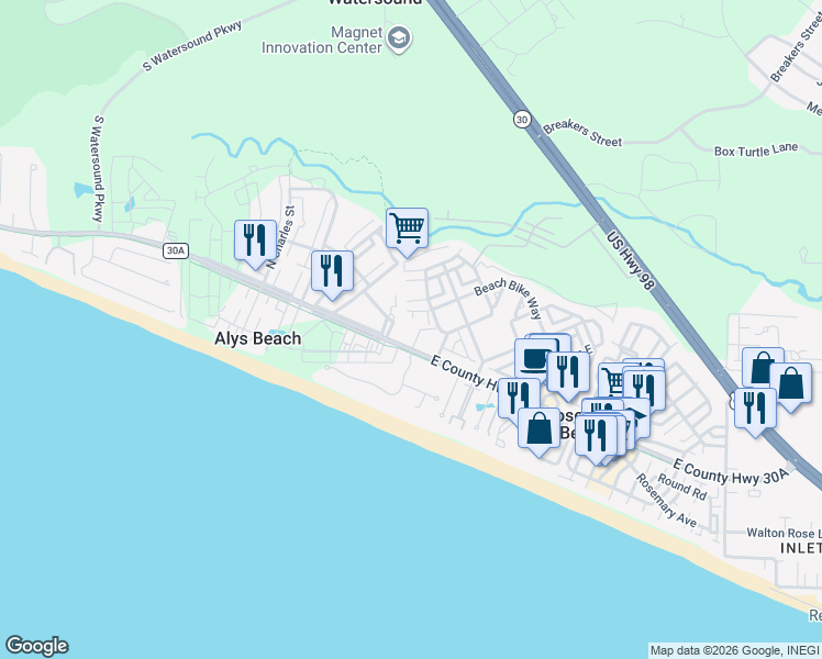 map of restaurants, bars, coffee shops, grocery stores, and more near 9955 East County Highway 30A in Panama City Beach