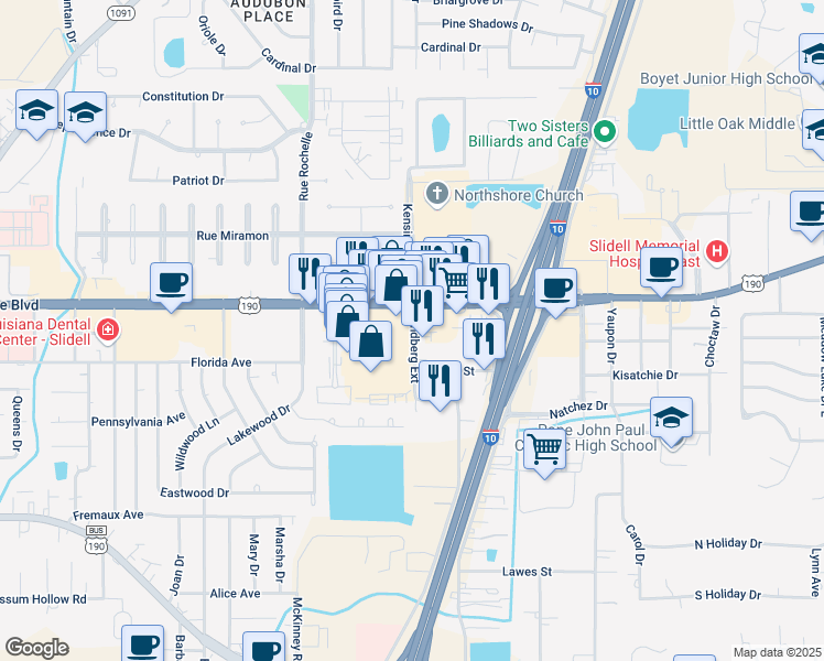 map of restaurants, bars, coffee shops, grocery stores, and more near 1340 Lindberg Drive in Slidell