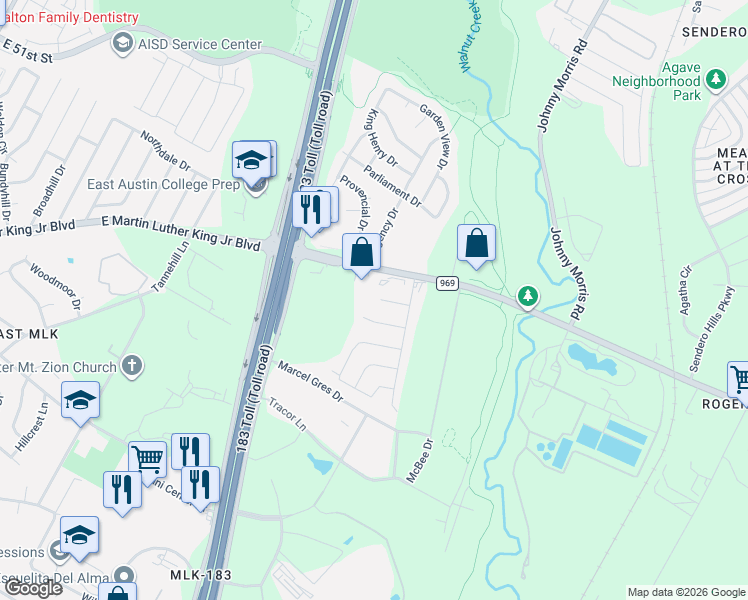 map of restaurants, bars, coffee shops, grocery stores, and more near 6300 Huntleigh Way in Austin