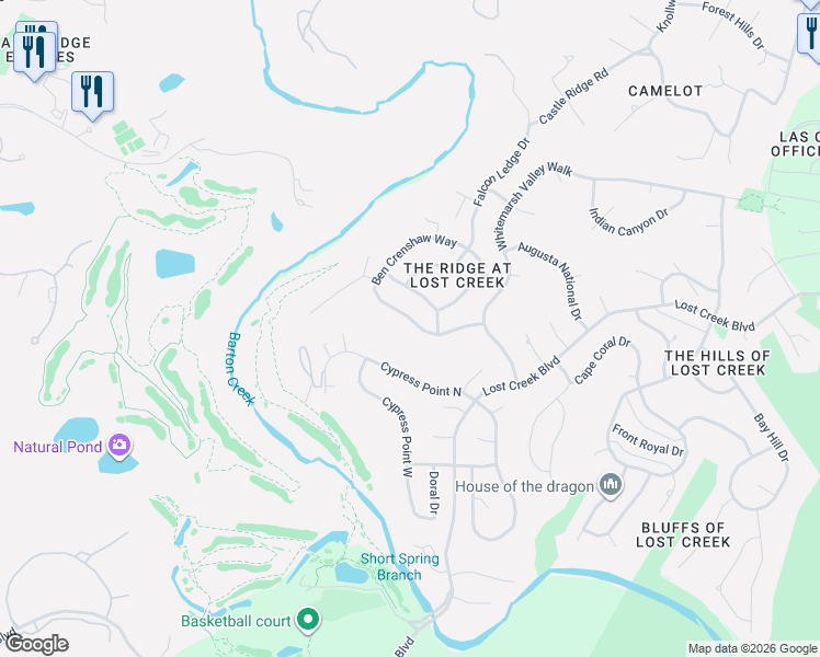 map of restaurants, bars, coffee shops, grocery stores, and more near 1720 Ben Crenshaw Way in Austin