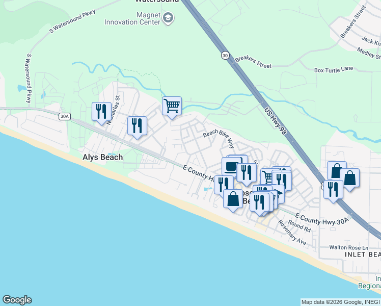 map of restaurants, bars, coffee shops, grocery stores, and more near 43 Sand Flea Drive in Rosemary Beach