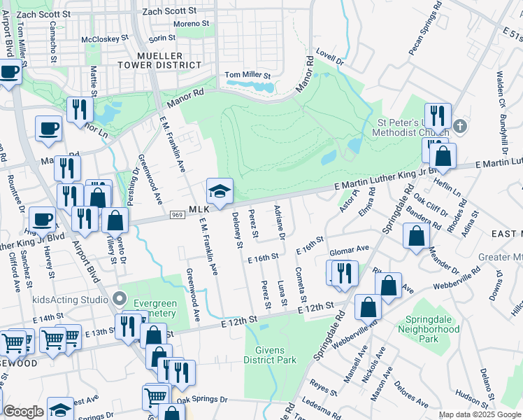 map of restaurants, bars, coffee shops, grocery stores, and more near 3903 Carmel Drive in Austin