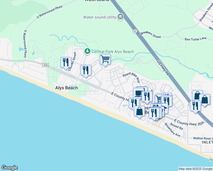 map of restaurants, bars, coffee shops, grocery stores, and more near 9955 East County Highway 30A in Panama City Beach