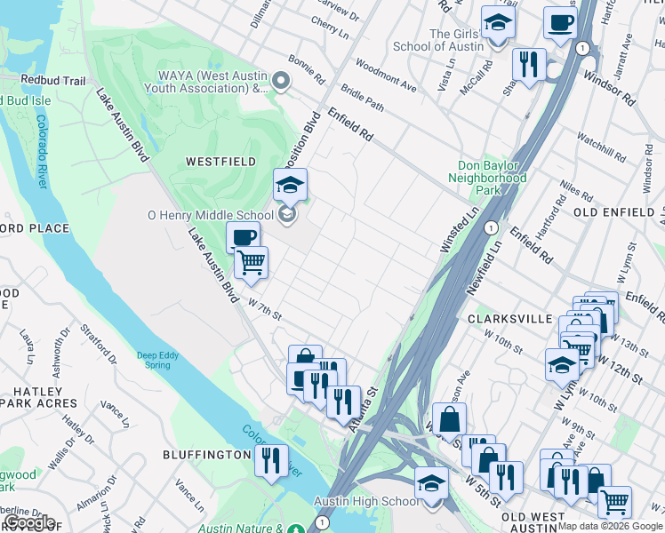 map of restaurants, bars, coffee shops, grocery stores, and more near 907 Possum Trot Street in Austin