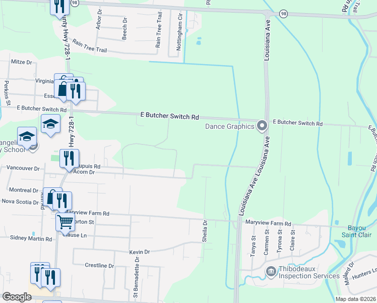 map of restaurants, bars, coffee shops, grocery stores, and more near 401 Acorn Drive in Lafayette