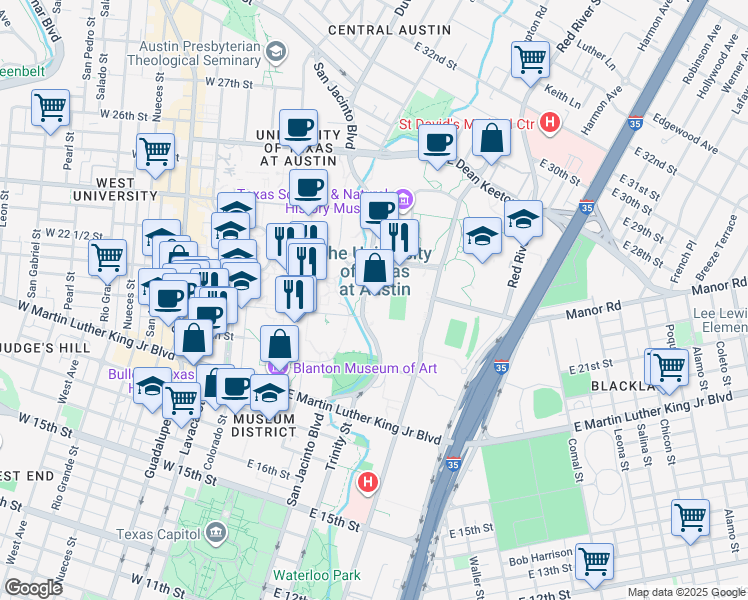 map of restaurants, bars, coffee shops, grocery stores, and more near  in Austin