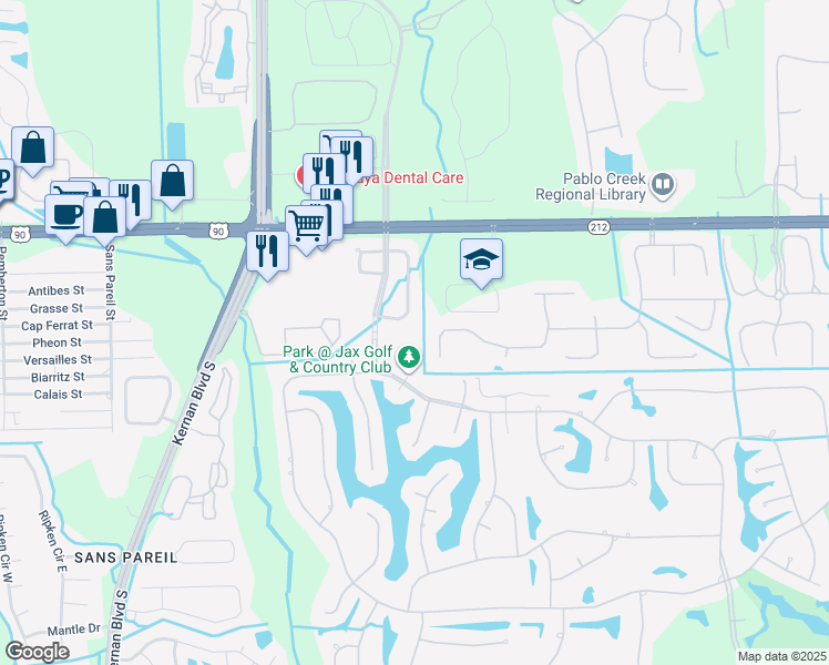 map of restaurants, bars, coffee shops, grocery stores, and more near 12782 Avalon Cove Drive South in Jacksonville