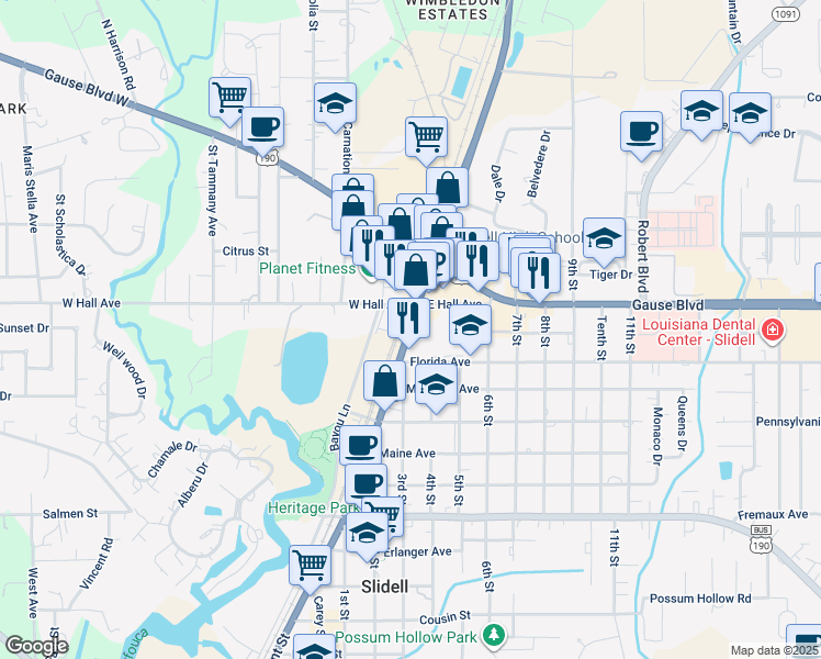 map of restaurants, bars, coffee shops, grocery stores, and more near 1350 Front Street in Slidell