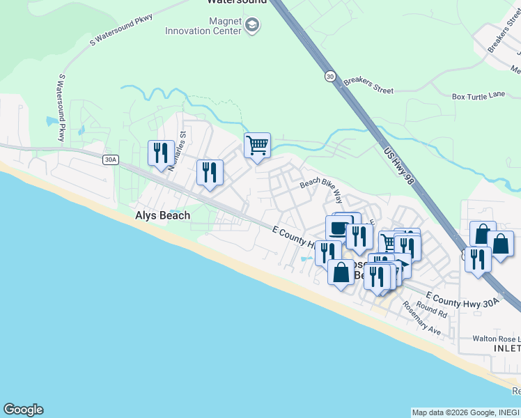 map of restaurants, bars, coffee shops, grocery stores, and more near 9955 East County Highway 30A in Panama City Beach