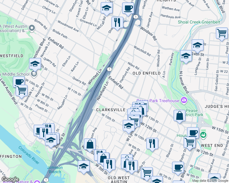 map of restaurants, bars, coffee shops, grocery stores, and more near 1718 Palma Plaza in Austin