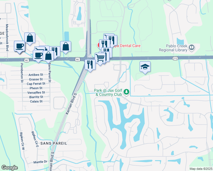map of restaurants, bars, coffee shops, grocery stores, and more near 3654 Saltmeadow Court North in Jacksonville