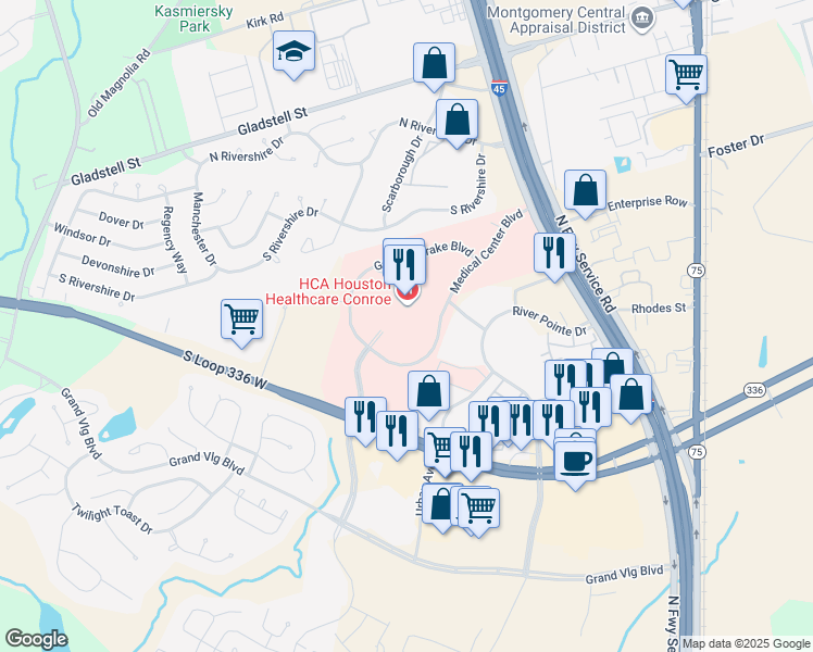 map of restaurants, bars, coffee shops, grocery stores, and more near 506 Medical Center Boulevard in Conroe