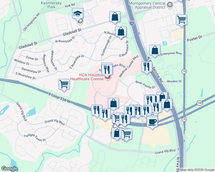 map of restaurants, bars, coffee shops, grocery stores, and more near 506 Medical Center Boulevard in Conroe