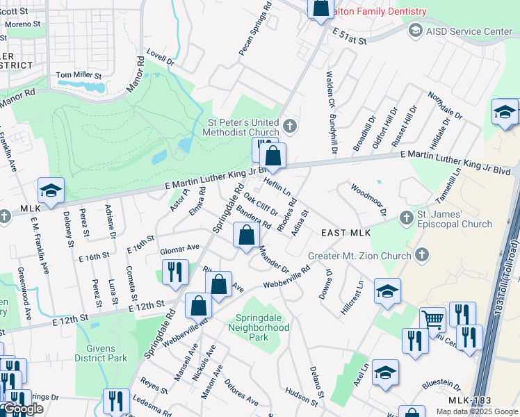 map of restaurants, bars, coffee shops, grocery stores, and more near 4713 Oak Cliff Drive in Austin