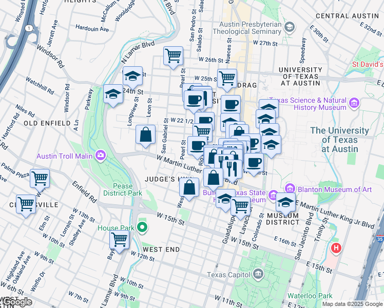map of restaurants, bars, coffee shops, grocery stores, and more near 707 West 21st Street in Austin