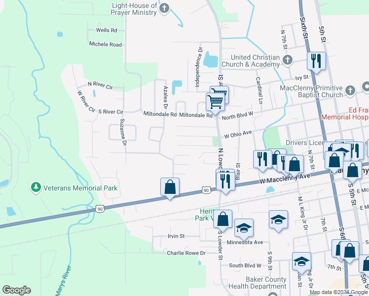 map of restaurants, bars, coffee shops, grocery stores, and more near 716 Long Drive in Macclenny