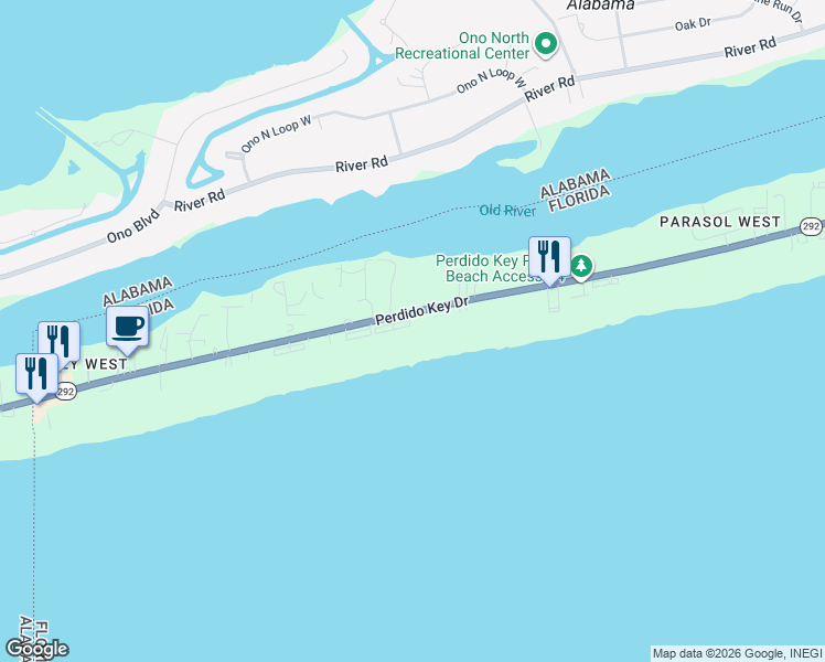 map of restaurants, bars, coffee shops, grocery stores, and more near 16777 Perdido Key Drive in Pensacola