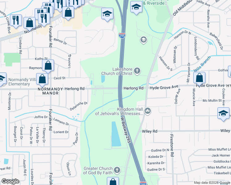 map of restaurants, bars, coffee shops, grocery stores, and more near 7611 Rudy Court in Jacksonville