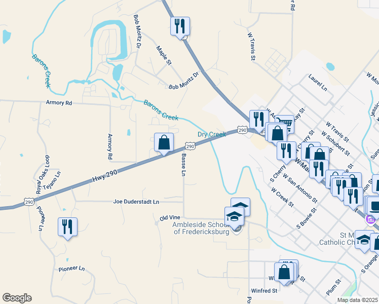 map of restaurants, bars, coffee shops, grocery stores, and more near 29 Basse Lane in Fredericksburg