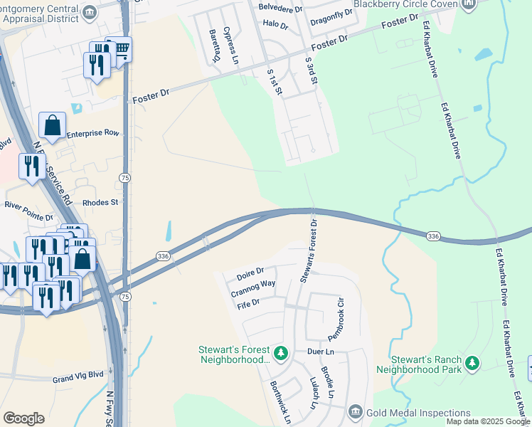 map of restaurants, bars, coffee shops, grocery stores, and more near Texas 336 Loop in Conroe