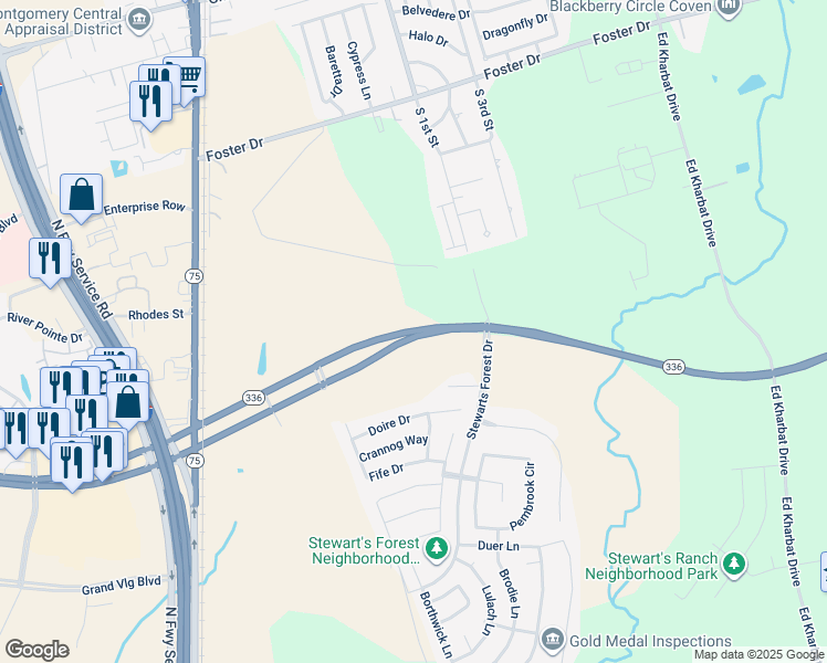 map of restaurants, bars, coffee shops, grocery stores, and more near Highway 336 Loop in Conroe