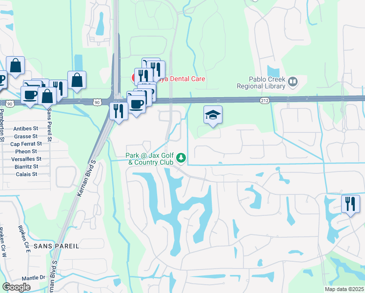 map of restaurants, bars, coffee shops, grocery stores, and more near 12782 Avalon Cove Drive South in Jacksonville