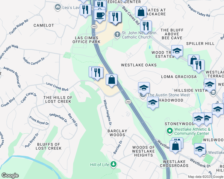 map of restaurants, bars, coffee shops, grocery stores, and more near 1114 Lost Creek Boulevard in Austin