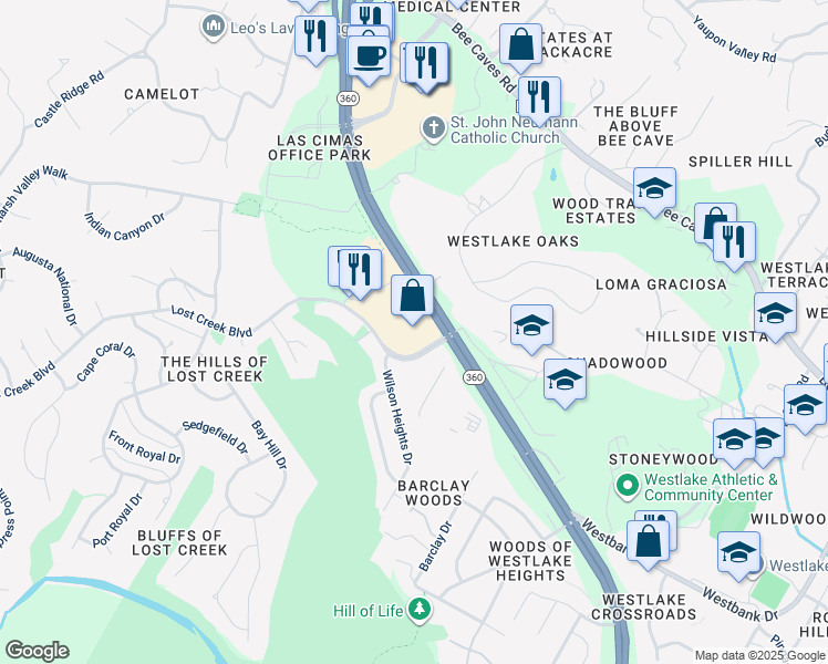 map of restaurants, bars, coffee shops, grocery stores, and more near 1114 Lost Creek Boulevard in Austin