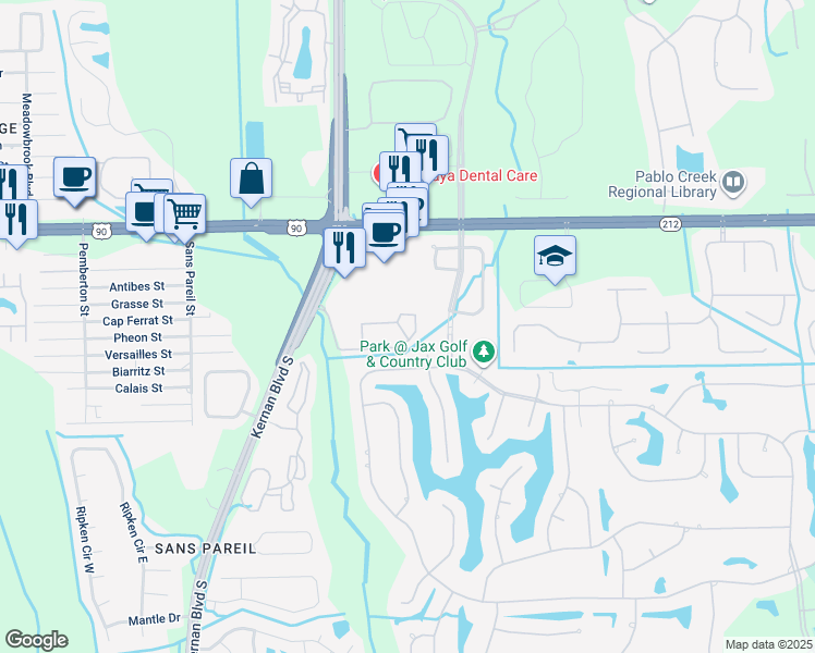 map of restaurants, bars, coffee shops, grocery stores, and more near 3654 Saltmeadow Court North in Jacksonville