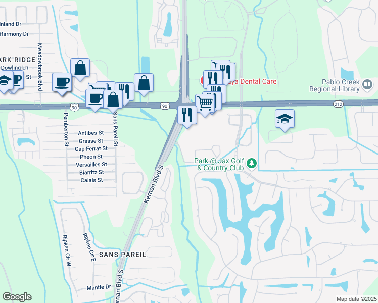 map of restaurants, bars, coffee shops, grocery stores, and more near Unnamed Road in Jacksonville