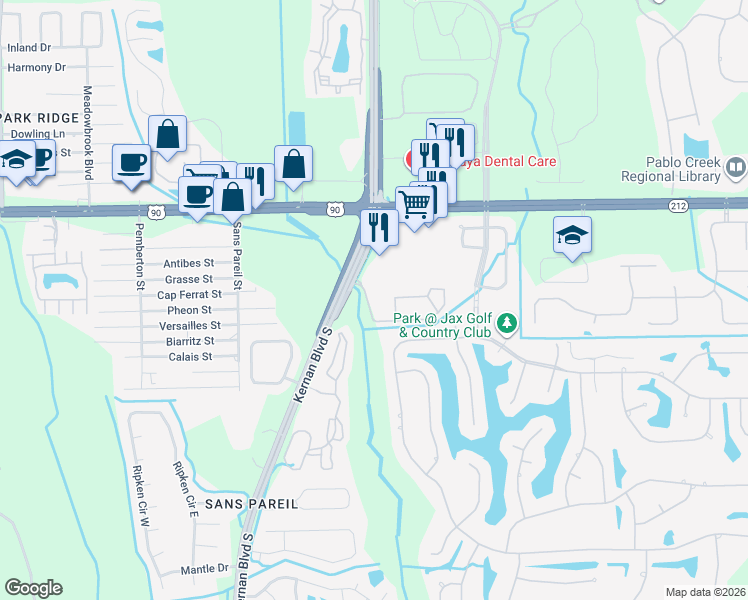 map of restaurants, bars, coffee shops, grocery stores, and more near Unnamed Road in Jacksonville