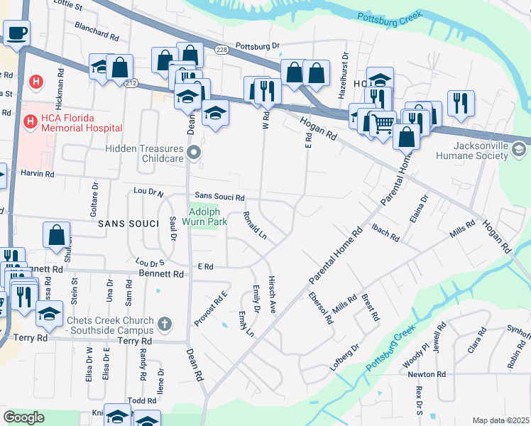 map of restaurants, bars, coffee shops, grocery stores, and more near 2043 Ronald Lane in Jacksonville