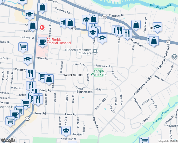 map of restaurants, bars, coffee shops, grocery stores, and more near 2147 Saul Drive in Jacksonville