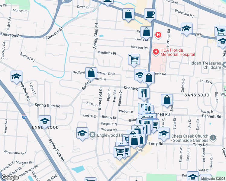 map of restaurants, bars, coffee shops, grocery stores, and more near 4038 Dayrl Road in Jacksonville