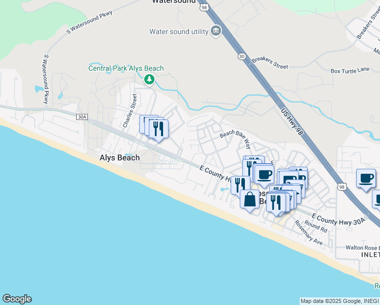 map of restaurants, bars, coffee shops, grocery stores, and more near 9955 East County Highway 30A in Panama City Beach