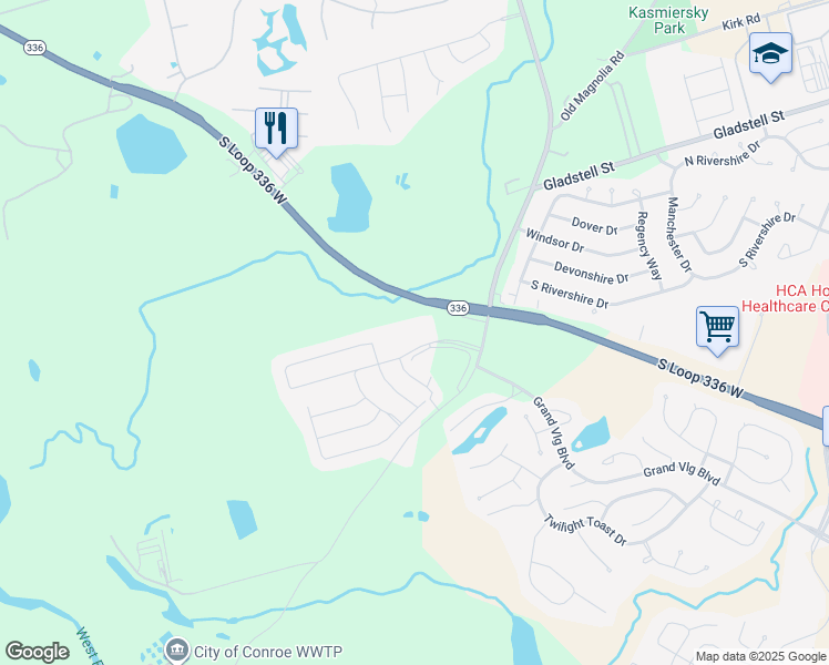 map of restaurants, bars, coffee shops, grocery stores, and more near 2275 Riverway Drive in Conroe