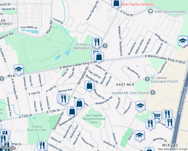 map of restaurants, bars, coffee shops, grocery stores, and more near 4713 Oak Cliff Drive in Austin